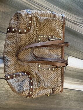 Vintage Coach Tan/Brown Signature Canvas Tote with Studded Leather Trim